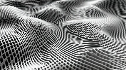 Fototapeta premium Abstract background with waves made of a lot of dark metallic silver cubes geometry primitive forms that goes up and down under black-white lighting. 3D illustration. 3D CG.