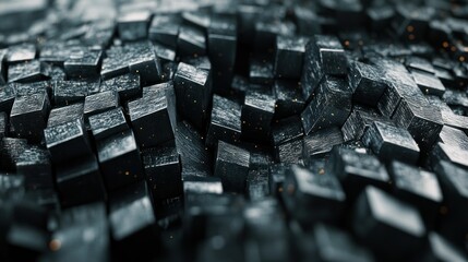 Fototapeta premium Abstract background with waves made of a lot of dark metallic silver cubes geometry primitive forms that goes up and down under black-white lighting. 3D illustration. 3D CG.