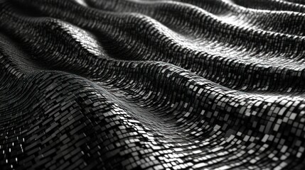 Fototapeta premium Abstract background with waves made of a lot of dark metallic silver cubes geometry primitive forms that goes up and down under black-white lighting. 3D illustration. 3D CG.