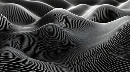 Obraz premium Abstract background with waves made of a lot of dark metallic silver cubes geometry primitive forms that goes up and down under black-white lighting. 3D illustration. 3D CG.