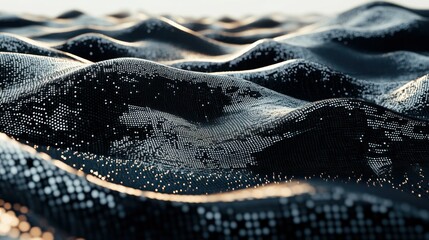 Fototapeta premium Abstract background with waves made of a lot of dark metallic silver cubes geometry primitive forms that goes up and down under black-white lighting. 3D illustration. 3D CG.