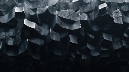Naklejka premium Abstract background with waves made of a lot of dark metallic silver cubes geometry primitive forms that goes up and down under black-white lighting. 3D illustration. 3D CG.