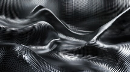 Naklejka premium Abstract background with waves made of a lot of dark metallic silver cubes geometry primitive forms that goes up and down under black-white lighting. 3D illustration. 3D CG.