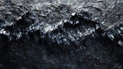 Fototapeta premium Abstract background with waves made of a lot of dark metallic silver cubes geometry primitive forms that goes up and down under black-white lighting. 3D illustration. 3D CG.