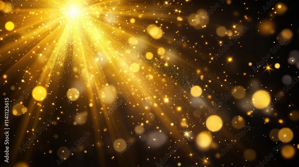 Poster glimmering golden light rays with sparkling bokeh effect background