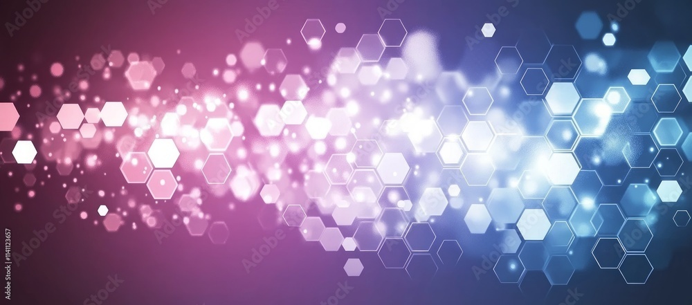 Poster abstract bokeh light hexagons pattern on gradient purple to blue background.