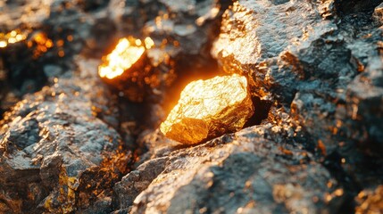 Fototapeta premium Golden Rocks Glimmering in a Dark Rocky Surface Under Bright Light