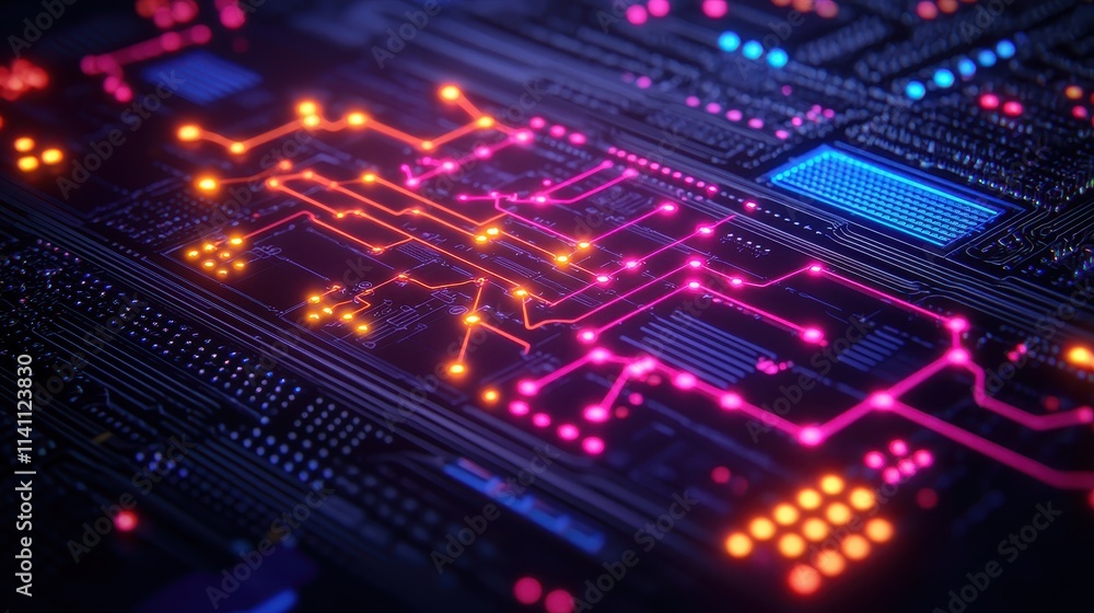 Poster colorful abstract circuit board design with neon lights and patterns