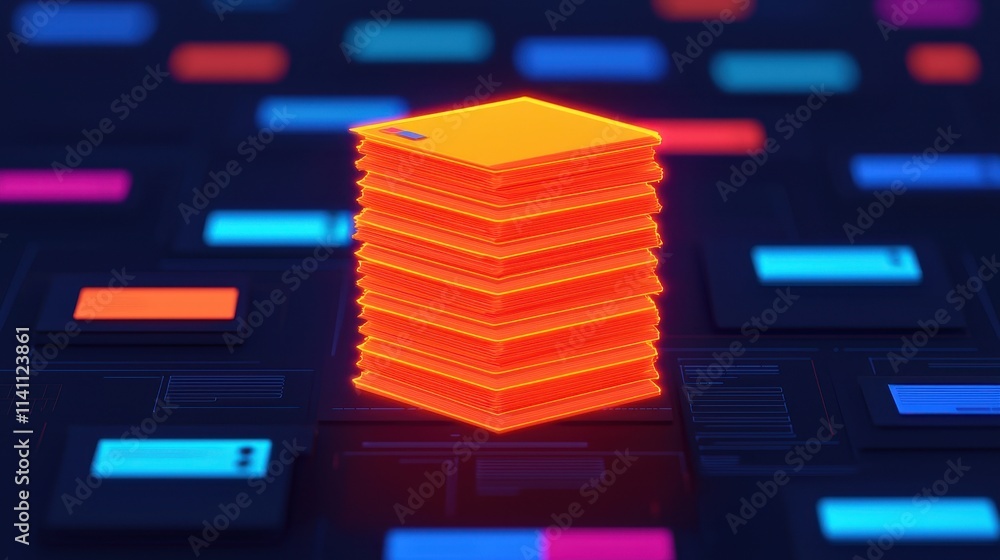 Poster neon stack of colorful document files on dark digital background