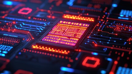 Obraz premium Futuristic Electronic Circuit Board with Red and Blue Lights Display