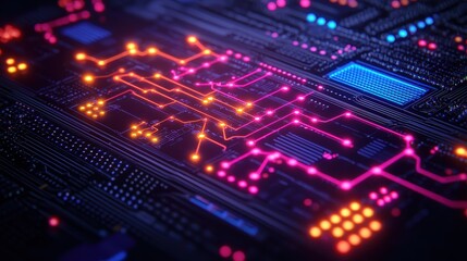 Fototapeta premium Colorful Abstract Circuit Board Design with Neon Lights and Patterns