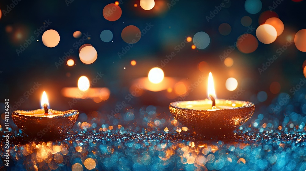 Poster elegant candles with blue background and sparkling bokeh effect