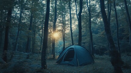 Serene Sunrise Tent Campsite Deep Within The Forest