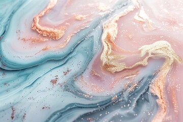 Obraz premium Close-up beautiful abstract texture with natural stone patterns, with swirls of blue and pink. Mineral with shiny golden glitter streaks. Natural tender surface with shimmering effect