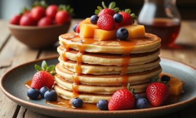 Delicious stack of fluffy pancakes with berries