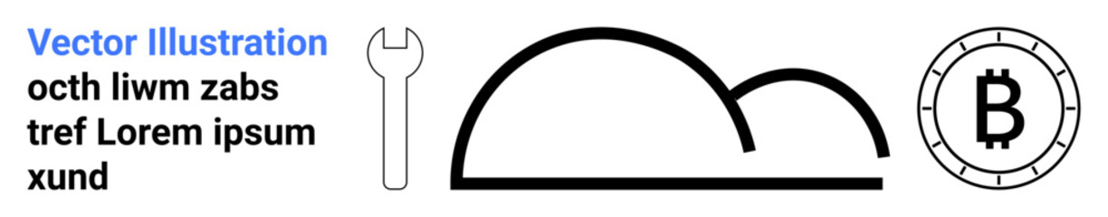 Wrench, mountain outline, and Bitcoin symbol with placeholder text. Ideal for technology, cryptocurrency, finance, engineering, construction, mountain design themes. Landing page