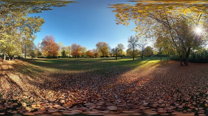 Naklejka premium Autumn in the park colorful leaves wide angle view autumn scene