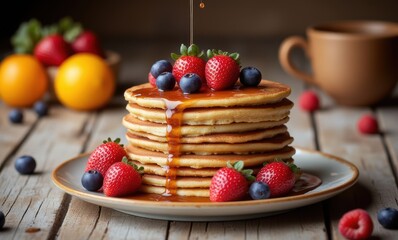 Stack of pancakes with fresh berries
