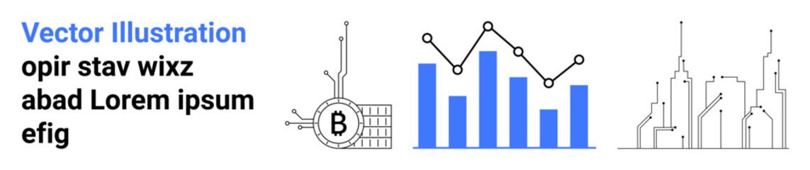 Cryptocurrency symbol, bar graph, line chart, and city skyline in modern design. Ideal for finance, business, technology, urban development, analytics, startups, websites. Landing page