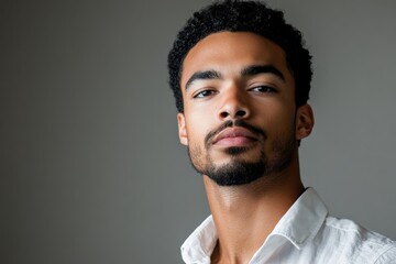 Obraz premium Confident Young Man with Curly Hair Posing Against a Neutral Background