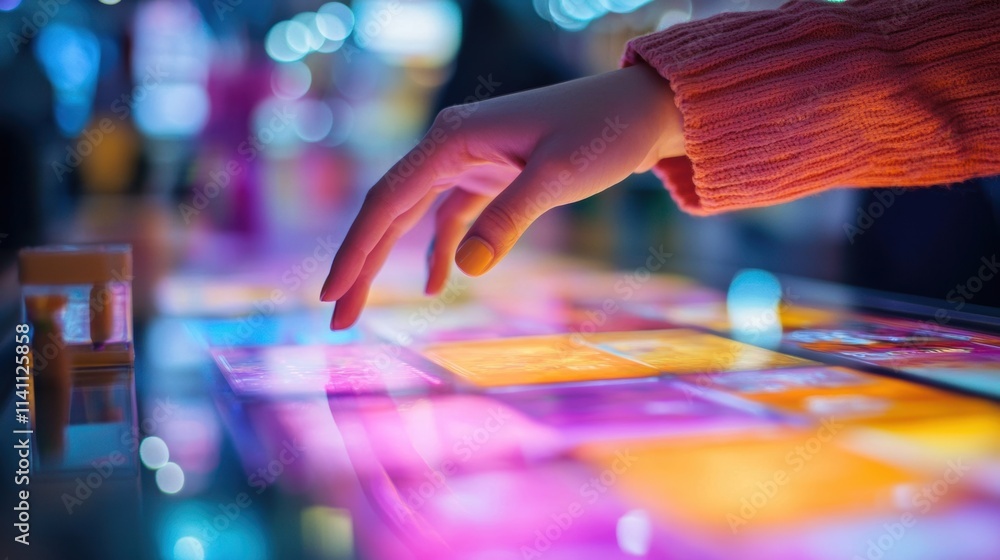Poster a closeup of a customers hand hovering over a colorful array of merchandise on an interactive displa