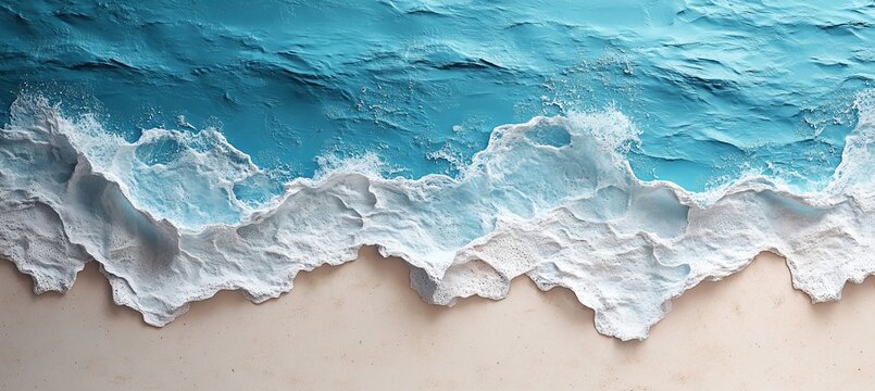 Serene ocean waves gently lapping on a sandy shore.  The textured painting showcases beautiful blues and whites.