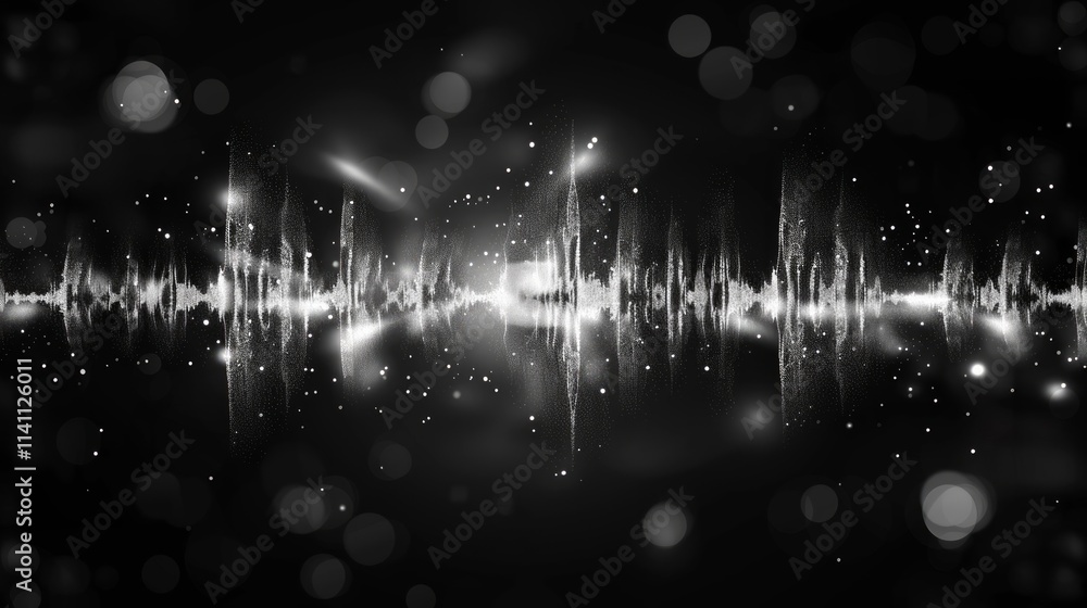 Poster abstract grayscale sound wave with bokeh lights.