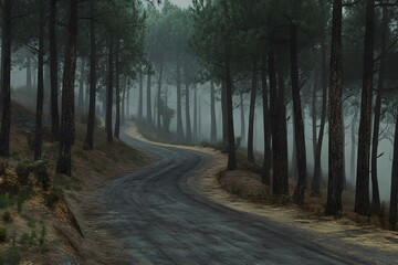 Fototapeta premium A winding road through a misty forest, creating a serene and mysterious atmosphere.