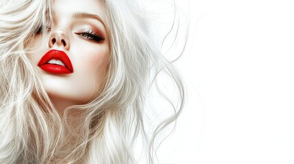 Obraz premium blond woman with red lips and long hair with perfect hairstyle