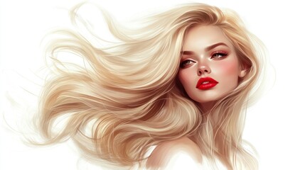 Obraz premium blond woman with red lips and long hair with perfect hairstyle