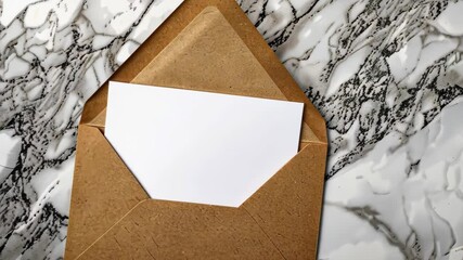 Brown envelope with blank white card on marble table, top view, Ai Generated - Powered by Adobe