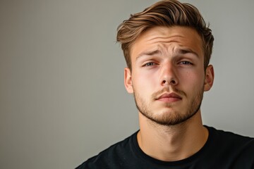 Fototapeta premium Portrait of a Young Man with Stylish Hair and Thoughtful Expression Against a Neutral Background