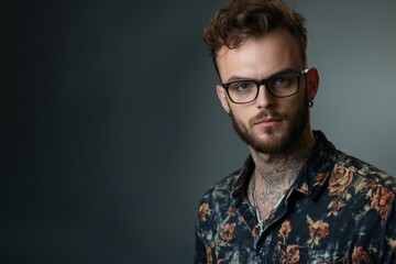 Obraz premium Stylish Young Man with Glasses and Floral Shirt Posing Against a Dark Background