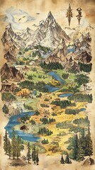 Naklejka premium A Drawn Landscape Featuring Mountains Forests and a River