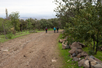 personas recorriendo un camino de tierra en medio de la vegetación, senderismo en parque Mahuida,...