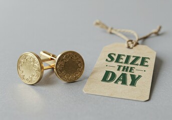 A pair of Cufflinks on a Pastel grey background with Seize the Day text on the Paper Tag