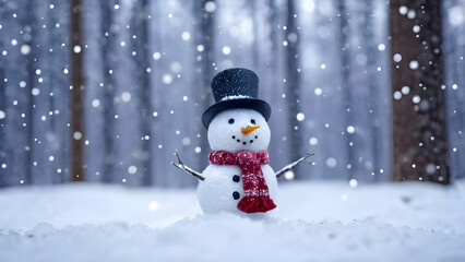 Obraz premium A festive snowman in a serene winter forest, with soft snowflakes drifting down and a blurred snowy backdrop.