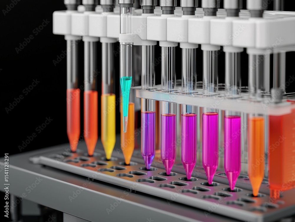 Poster innovation in epidemiology in health studies concept. a colorful array of test tubes filled with liq