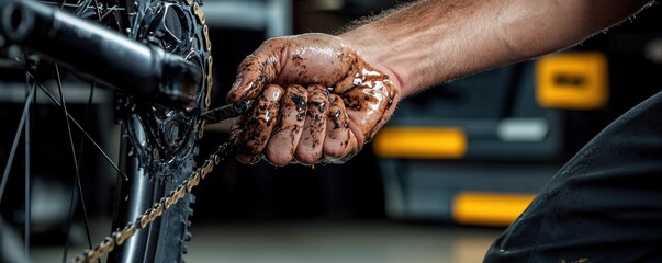 A close-up of a hand gripping a bicycle chain, covered in grease, highlighting the maintenance and repair of a bike in a workshop setting.