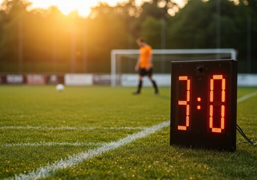 A Scoreboard with a 3-0 result, Blurred Background of Exhausted Soccer Player on the Field