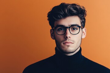 Obraz premium Stylish Young Man with Glasses Against a Bold Orange Background