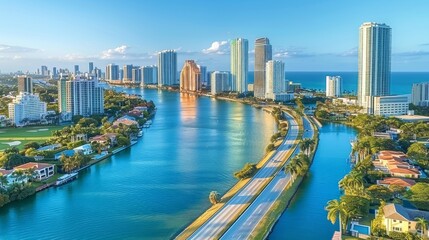 Obraz premium Aerial city view of buildings, canal, trees, road at golden hour.