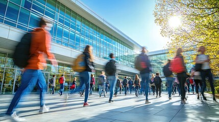 Busy Urban Scene with Blurred Motion of People Walking Near Modern Glass Building on a Sunny Day
