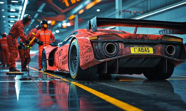 Red Race Car Undergoing Maintenance in Futuristic Garage