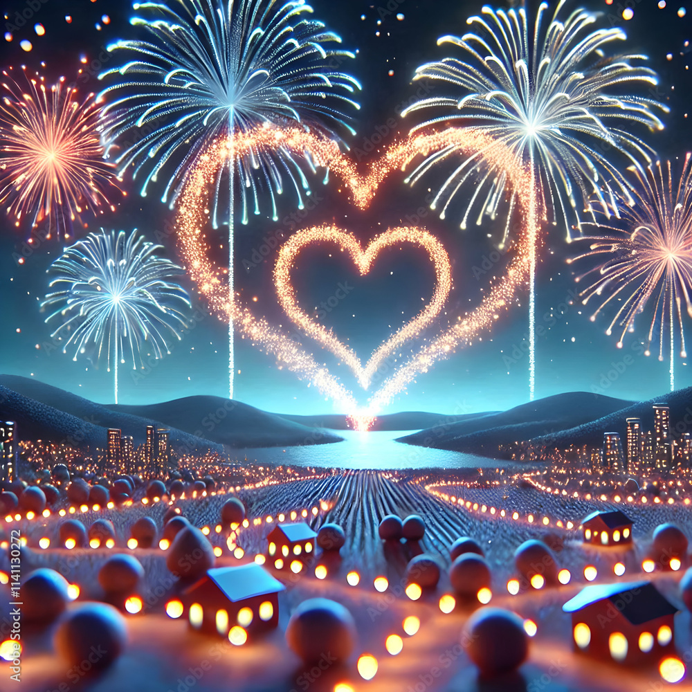 Poster 3d bokeh digital art of fireworks forming the shape of a rabbit with ample copy space above. concept