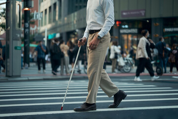 Fototapeta premium Man with white cane navigates urban crosswalk, wearing white shirt, beige trousers