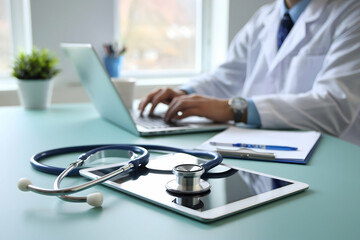 Fototapeta premium Stethoscope and tablet on medical desk, professional works on laptop behind