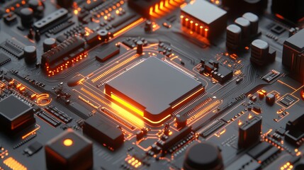 Glowing Orange CPU Microchip on a Circuit Board A Futuristic Technology Background, Close-up