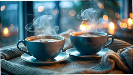 relax warm beverages concept as Open void implies steaming cups radiating gentle relief loosening tightness ushering smooth comforting waves in  Photo Stock  Concept  and empty space on the left side