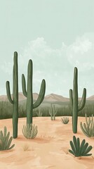 Desert Landscape Featuring Tall Cacti and Small Plants
